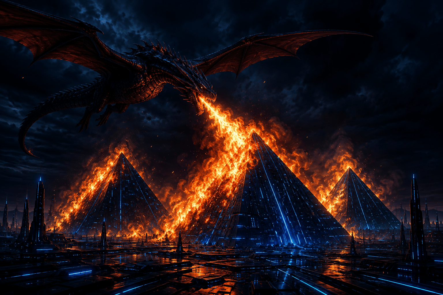 A dragon burning a city of glowing pyramids at night