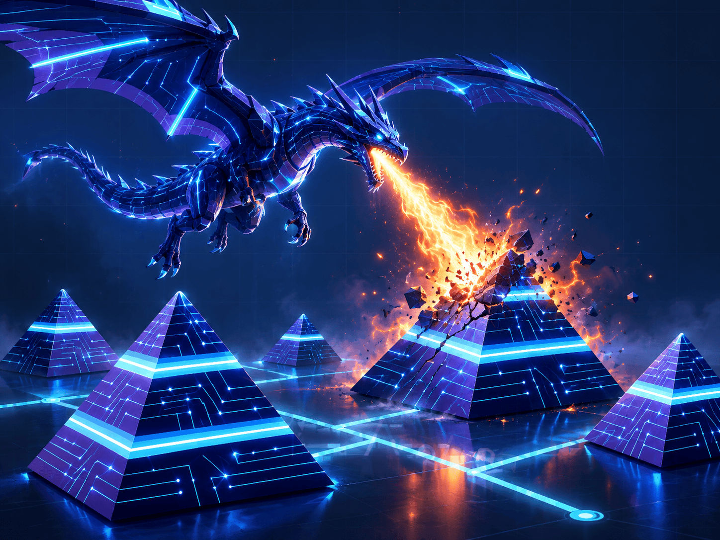 A neon dragon attacking glowing database pyramids