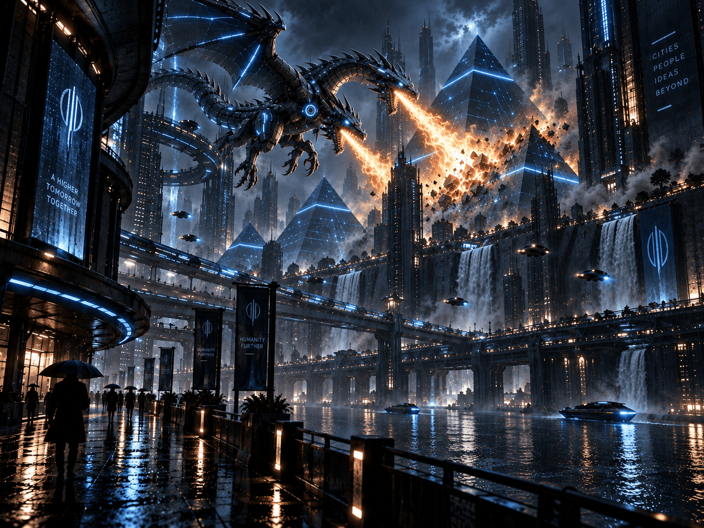 A dragon breaking one pyramid in a city of glowing pyramids